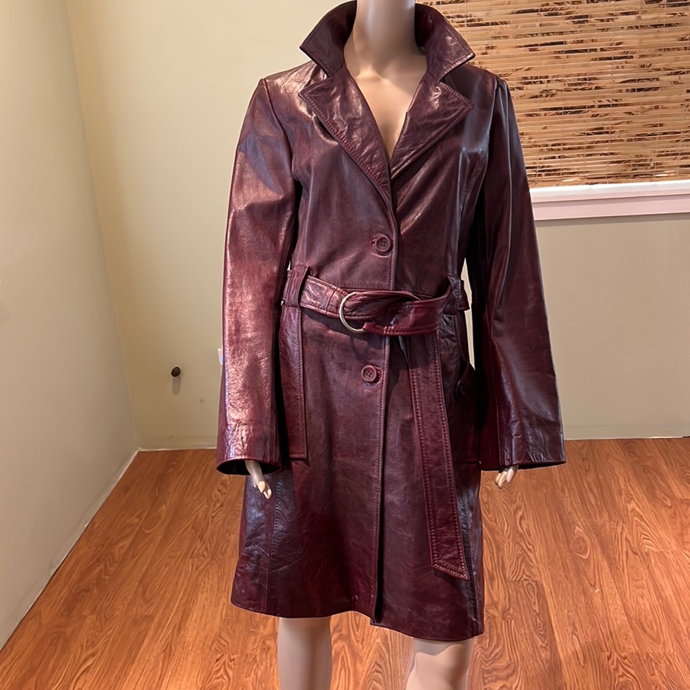Burgundy Leather Belted Coat by Doma Size L